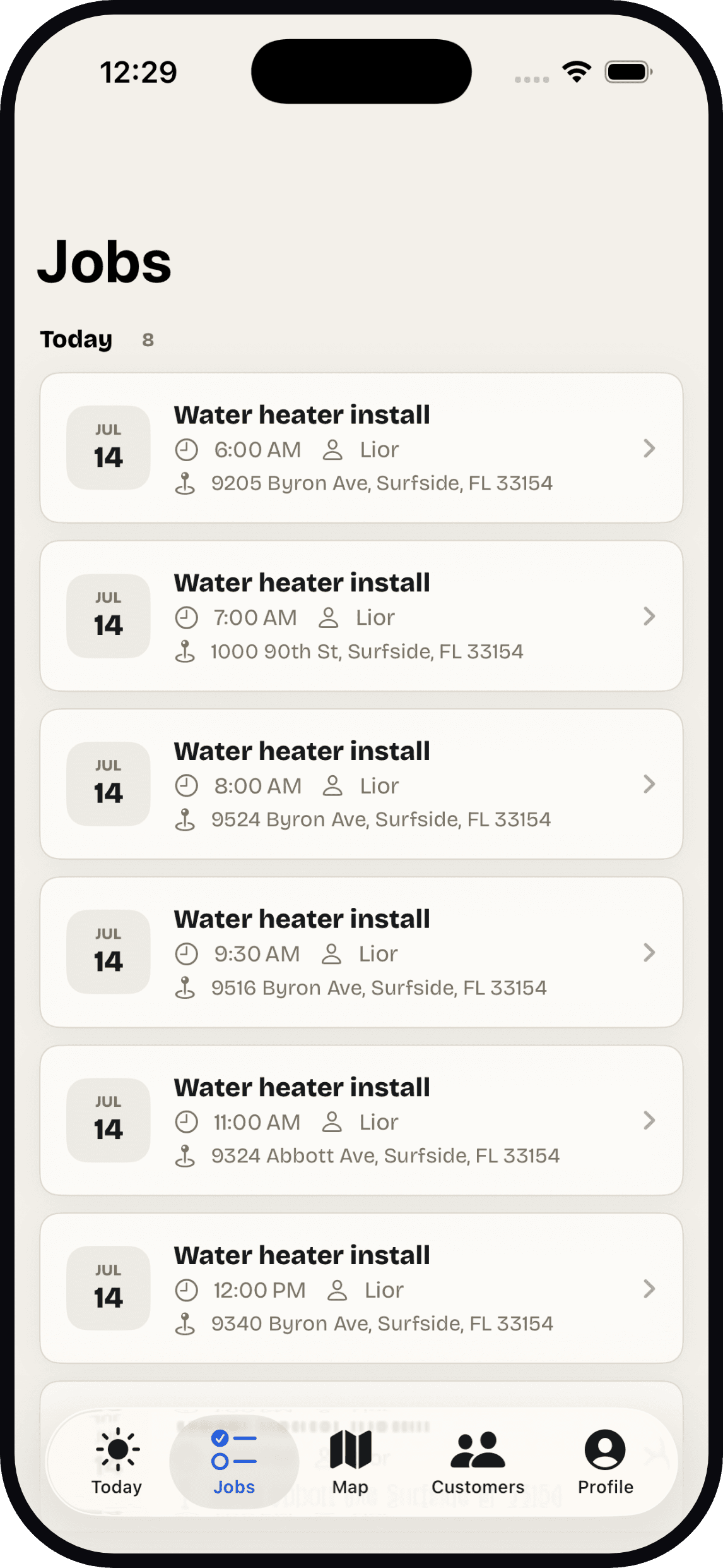 Today's assigned jobs in the Servio crew app