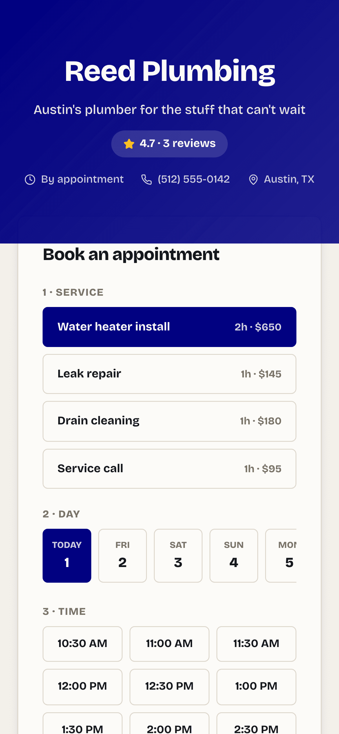 The same booking page on a phone