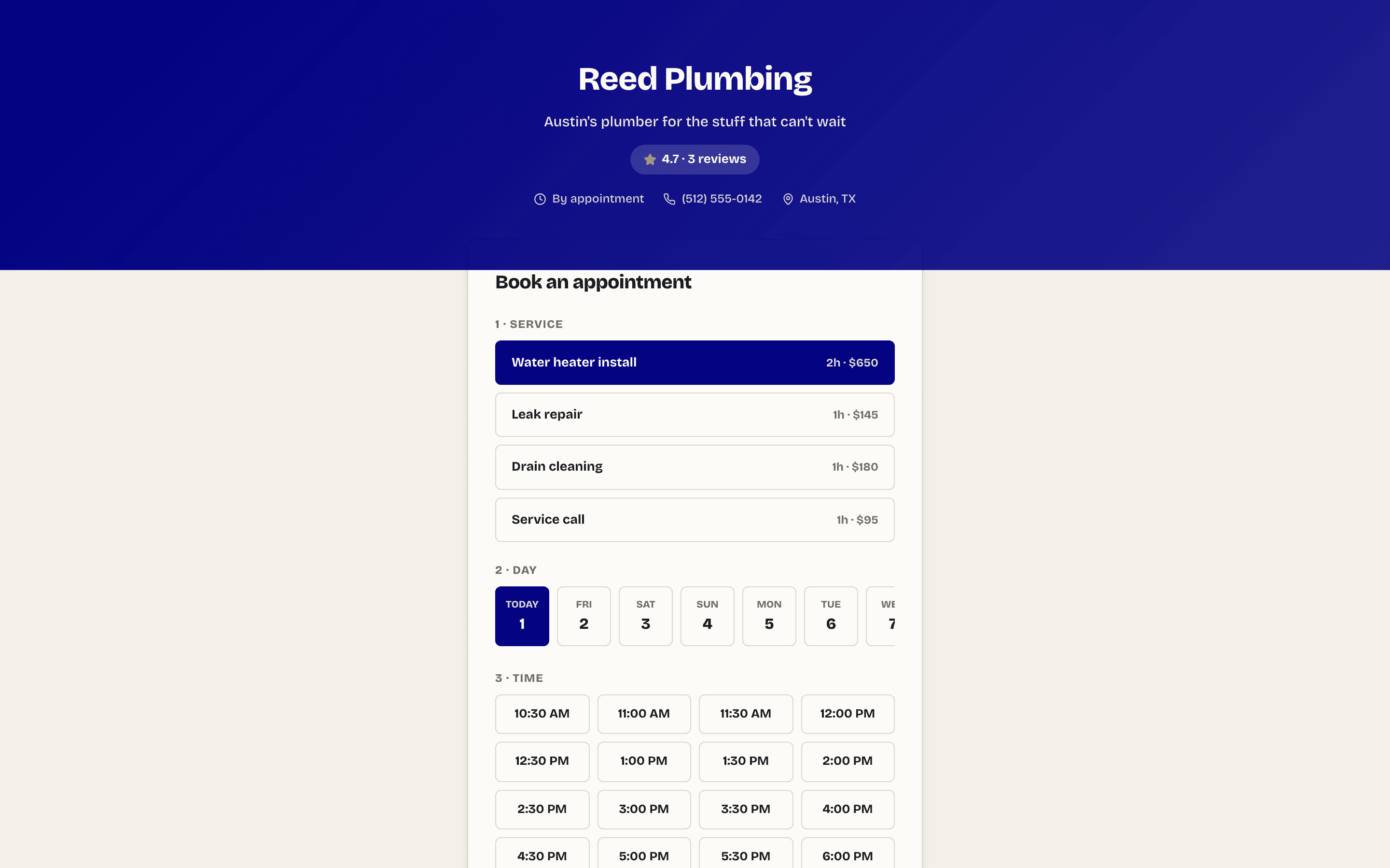 A Servio booking page as a customer sees it