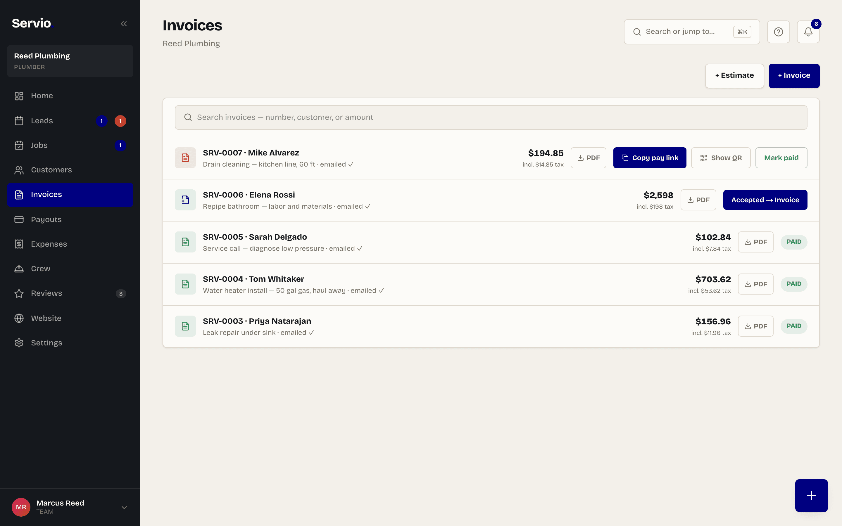 The Invoices & estimates list