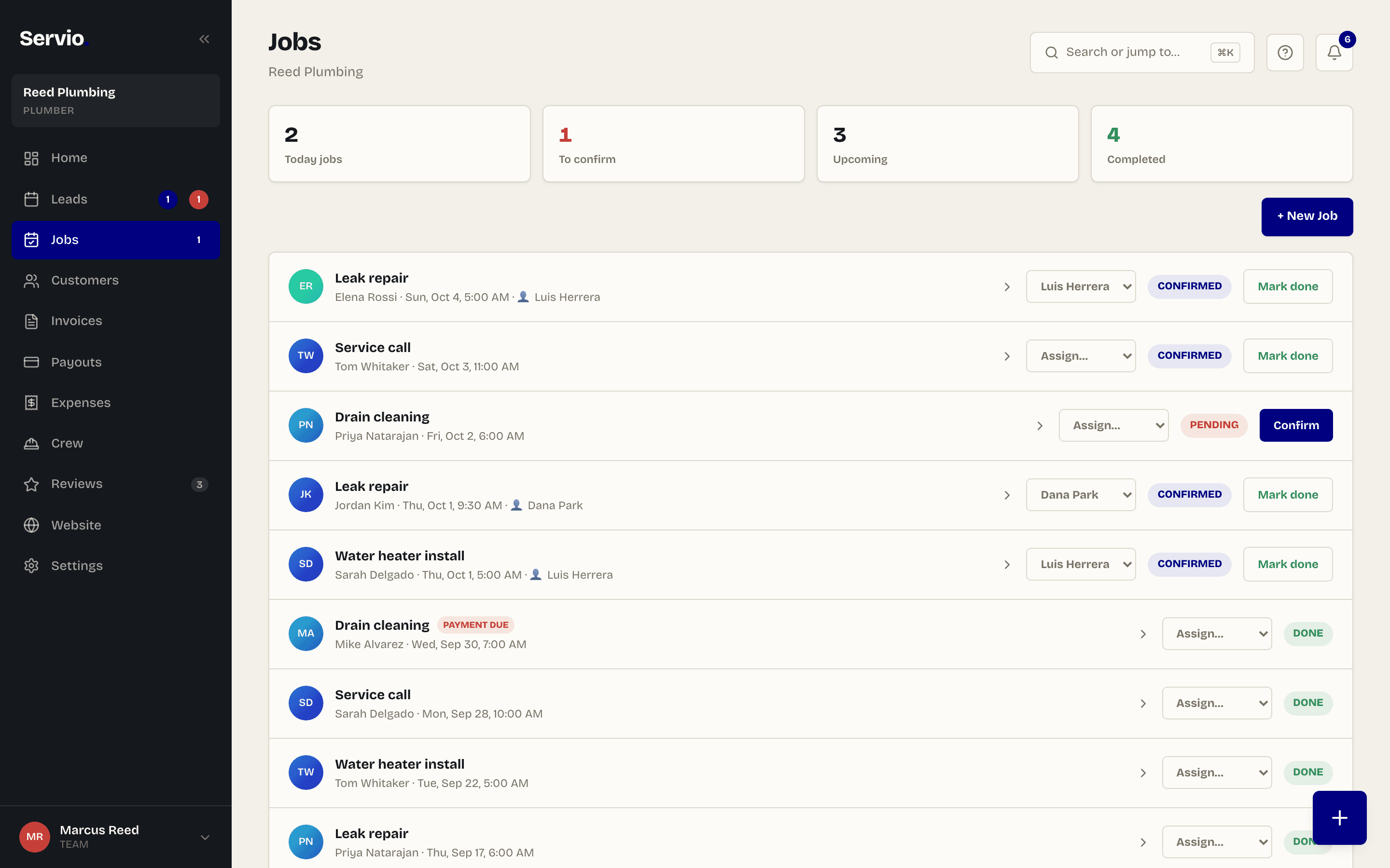 The Jobs list with status badges