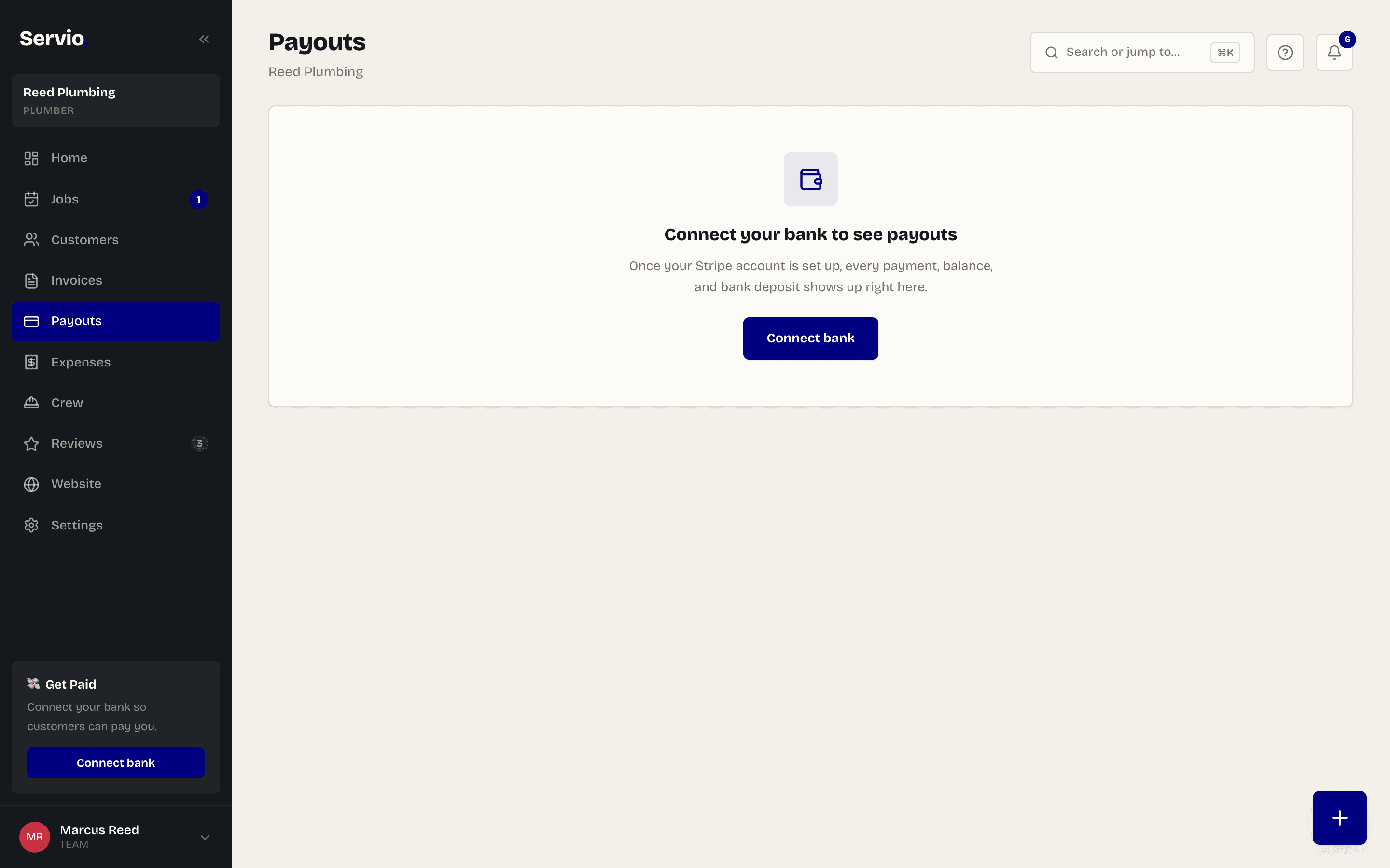 The Payouts page before connecting a bank