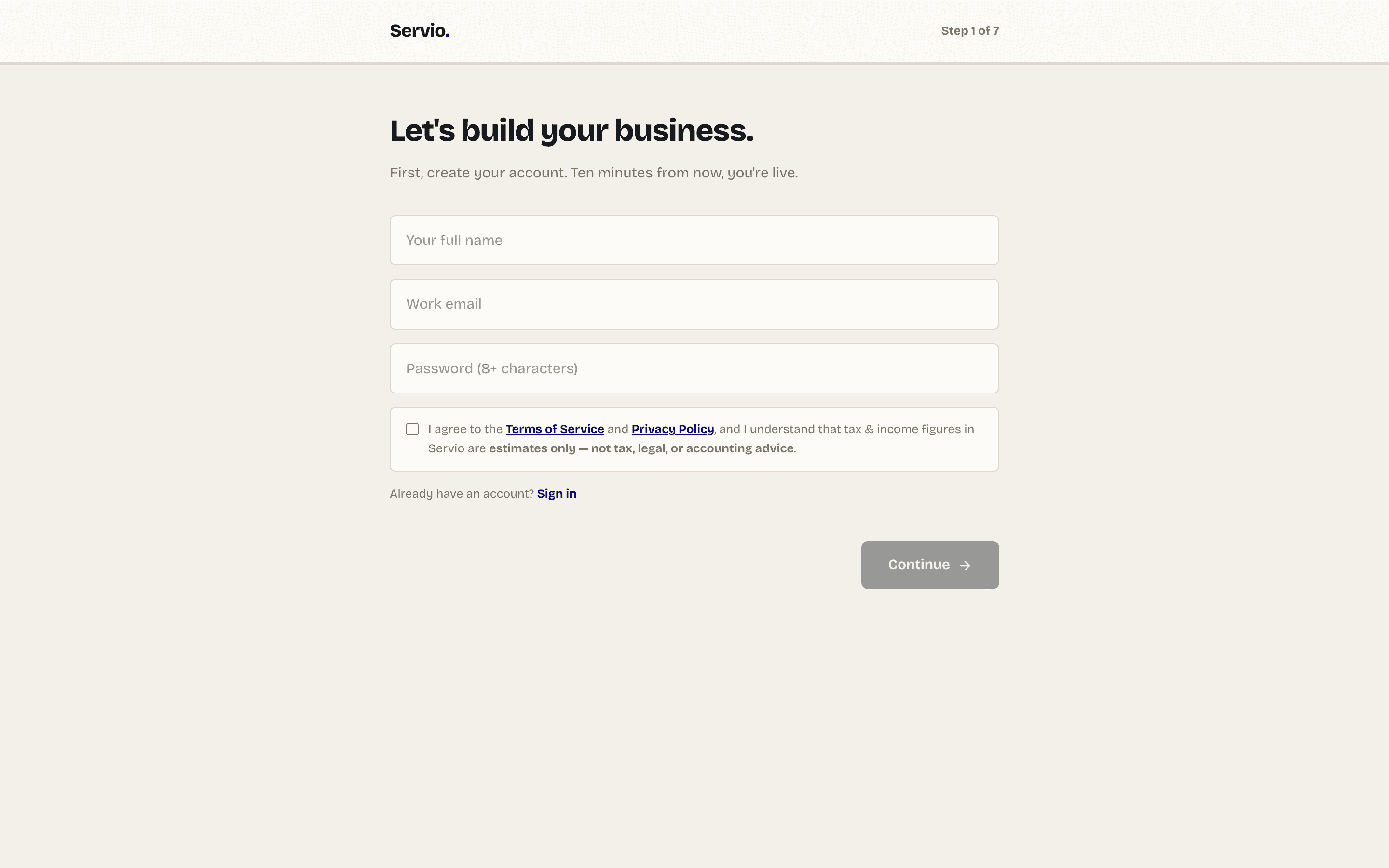 Step 1 of the Servio setup wizard: create your account
