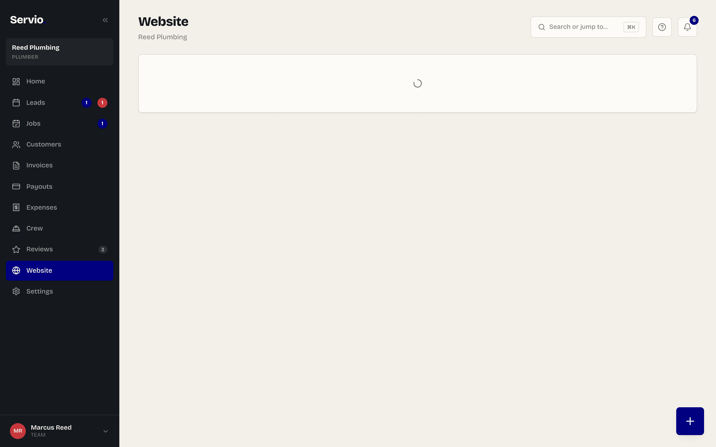 The Website editor inside the Servio dashboard
